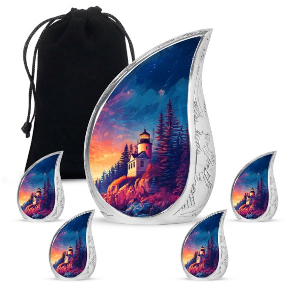 VALERASH Lighthouse Cremation Urns for Adult Male & Female Set of 1 Large & 4 Keepsake - Blue Teardrop Urn for Ashes for Women - 10 & 3 Inch