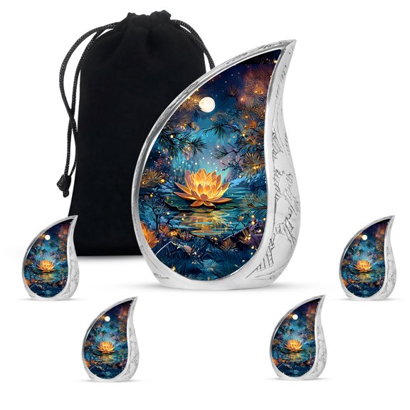 VALERASH Lotus Teardrop Cremation Urns Combo - Black 1 Large (10 Inch) Adult Urns for Human Ashes with 4 Small (3 Inch) Keepsake for Sharing Urn - 10 & 3 Inch