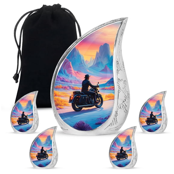 VALERASH Motorcycle Urns For Human - Teardrop Cremation Urn for Ashes Adult Male & Female Set of 1 Large & 4 Keepsake - 10 & 3 Inch