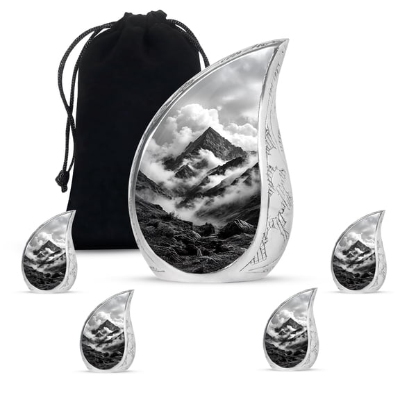 VALERASH Mountain Cremation Urns for Human Ashes Adult Female Set of 5 - Grey Teardrop Urn for Ashes for Women Decorative Funeral Teardrop Urn - 10 & 3 Inch