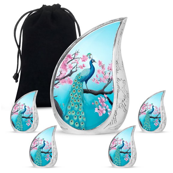 VALERASH Peacock Tear Drop Cremation Urn Set of 5 - Blue Cremation Urns for Human Ashes Adult Man 4 Keepsake Drop Urn & 1 Large Pink Flower Urns for Human Ashes Adult Man & Women - 10 & 3 Inch