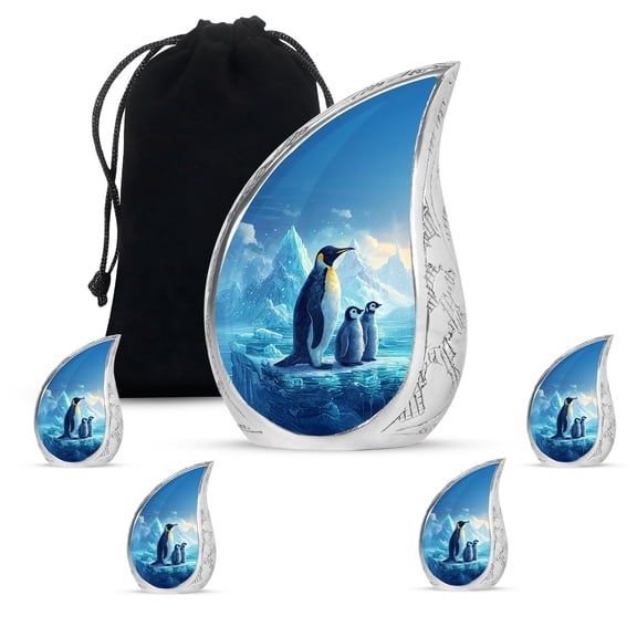 VALERASH Penguin Urns for Human Ashes Adult Female Set of 5 - Blue Teardrop Urn for Ashes Funeral Urns for Adult Man & Women - 10 & 3 Inch