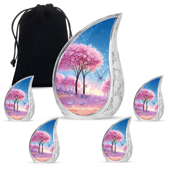 VALERASH Pink Flower Drop Cremation Urns for Human Ashes Adult Female & Male Set of 1 Large & 4 Keepsake - Butterfly Urns for Human Ashes - 10 & 3 Inch