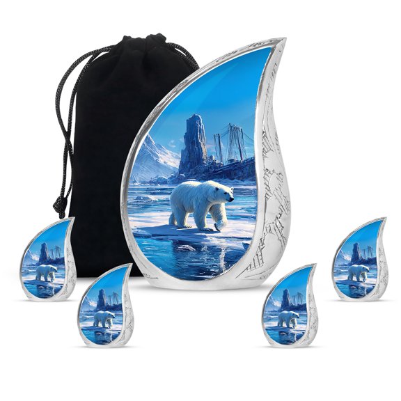 VALERASH Polar Bear Cremation Urns for Adult Ashes Man - Blue Drop Cremation Urn for Adults Set of 5 Funeral Urns for Adult Male - 10 & 3 Inch