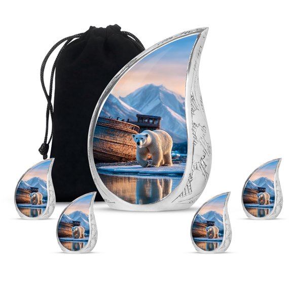 VALERASH Polar Bear Urns for Human Ashes Adult Female - Blue Teardrop Cremation Urn for Dad Funeral Urns for Adult Male & Female - 10 & 3 Inch