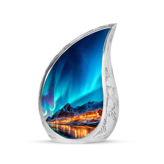 VALERASH Small Northern Light Urns for Adult Male - Mini Mountain Urn for Ashes for Women Blue Teardrop Urns for Human Ashes- 3 Inch