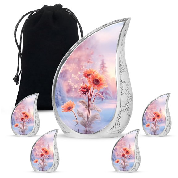 VALERASH Sunflower Teardrop Urns for Human Ashes Adult Man & Women Set of 1 Large & 4 Keepsake - Pink Memorial Urn for Ashes for Women & Man - 10 & 3 Inch
