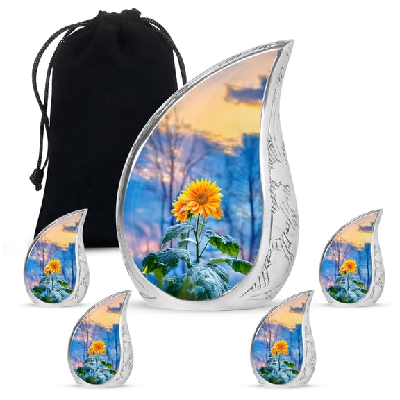 VALERASH Sunflower Urn Set of 5 - Blue Memorial Urn for Ashes Adult Male & Female Set of 1 Large & 4 Keepsake Cremation Urns for Human Ashes - 10 & 3 Inch
