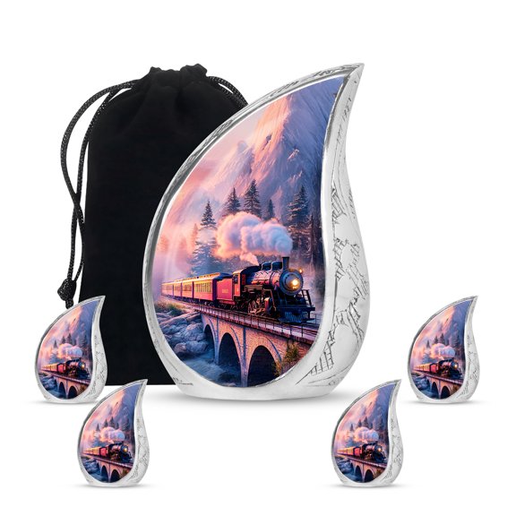 VALERASH Train Teardrop Cremation Urn Set of 1 Large & 4 Keepsakes – Large 10 Inch Adult Urn + 3 Inch Mini Sharing Urns, Set of 5 Tribute Funeral Ashes Containers- 10 & 3 Inch