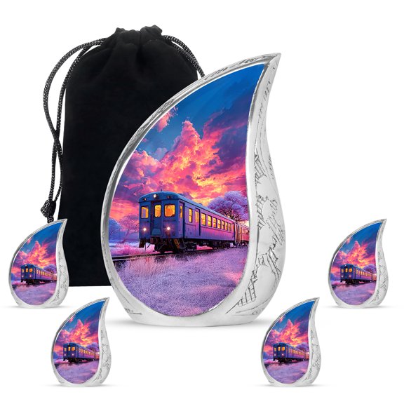 VALERASH Train Urns for Human Ashes - Decorative Sunset Large Urn for Adult 4 Keepsake Train Teardrop Urn for Human Ashes Adult Male & Female - 10 & 3 Inch