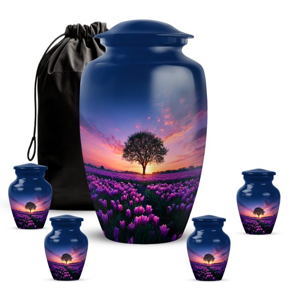 VALERASH Tulip Cremation Urn for Human Ashes Adult Male - Blue Burial Urn for Ashes for Women Sunset Funeral Urns for Mom 1 Large & 4 Keepsake - 10" & 4 Small