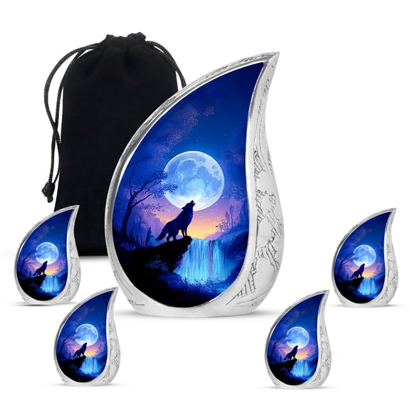 VALERASH Waterfall Cremation Urn for Father Ashes - Blue Large Decorative Urn for Adults Ashes Wolf Teardrop Urns for Male Ashes - 10 & 3 Inch