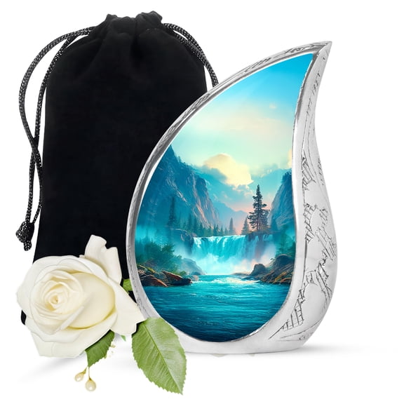 VALERASH Waterfall Cremation Urn for Mother - Blue Decorative Teardrop Urn for Men & Women Large Memorial Urns for Human Ashes- 10 Inch