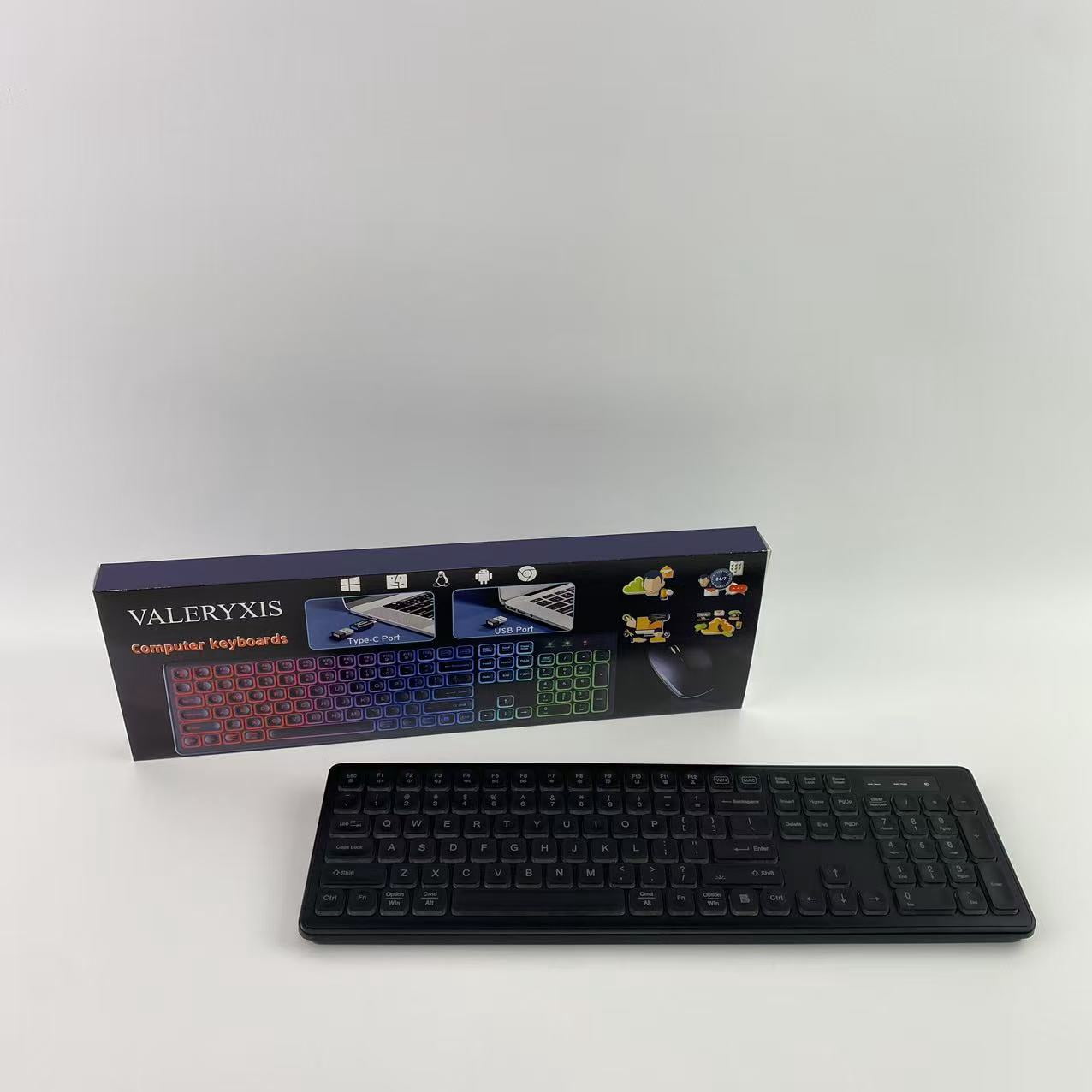 VALERYXIS Computer keyboard, wireless keyboard, rechargeable and illuminated letters, full-size