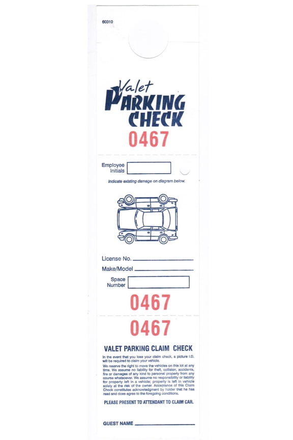 VALET PARKING CLAIM CHECK Hang Tag, White Stock Printed in Blue, Red Numbering (0000-0999), 2-1/2" x 10-1/2" - Box of 1,000