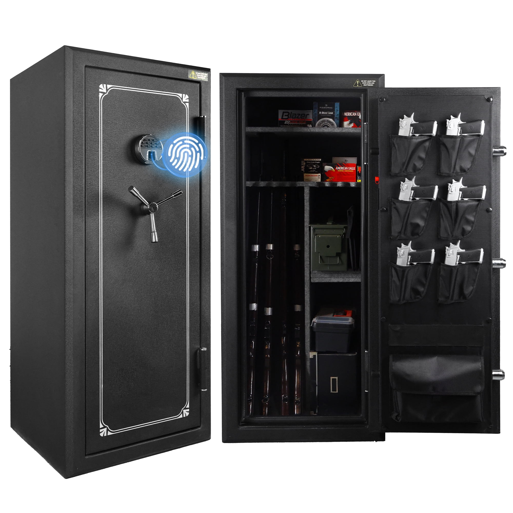 VALINIRT 24 Gun Fireproof Safe for Rifles and Pistols, Gun Cabinet with Biometric Fingerprint, Keypad and Key Access, No-Assembly-Required Gun Safes with Built-in Charging Ports (Silver)