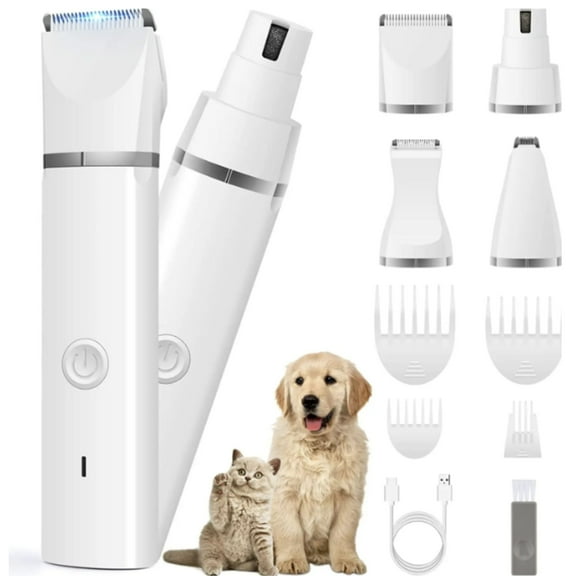 VALLARY 4-in-1 Pet Grooming Kit for Dogs & Cats Low Noise Electric Clippers with Nail Grinder, Paw & Nose Trimmer | USB Rechargeable | Professional Home Grooming Tool Set