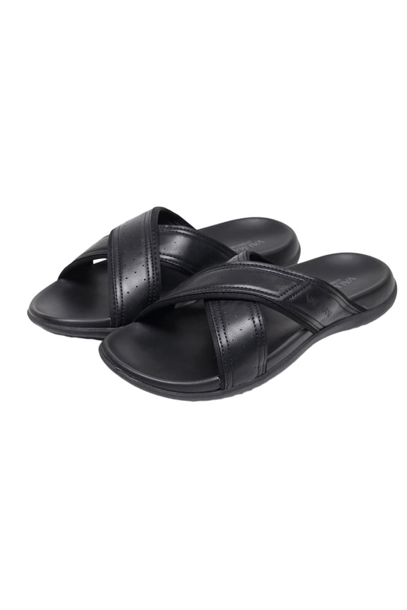 VALMANI Mens Slide Sandals Black, Comfortable Arch Support Crisscross Strap Casual Slides Water-Resistant Synthetic for Walking Travel,Size 9