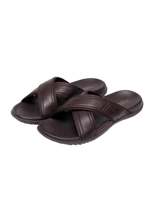 VALMANI Mens Slides with Arch Support, Comfortable Crisscross Strap Casual Sandals for Men Water-Resistant Travel, Dark Brown,Size 9