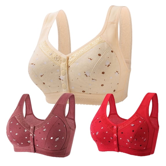 VALMASS 3PC Womens Wireless Bra Plus Size Seamless Comfort Front Button Bralette Wirefree Stretch Push Up Underwear
