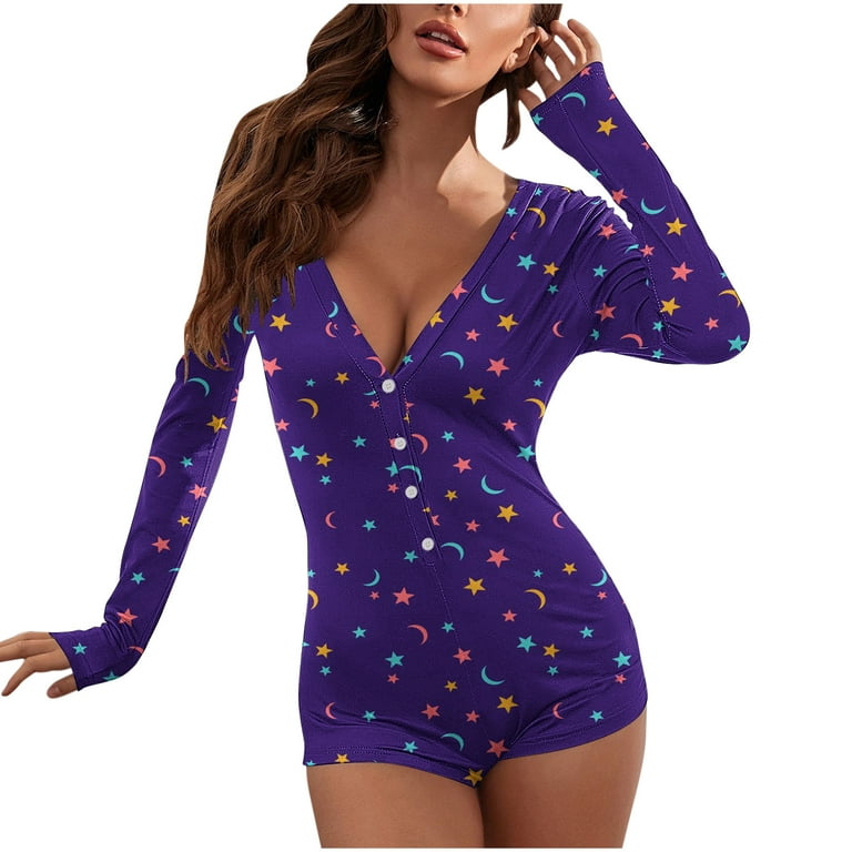 VALMASS Bodysuits for Women Shorts Plus Size Deep V Neck Printed Sexy  Rompers Tight Curvy Pajama Onesie (2XL, Purple)