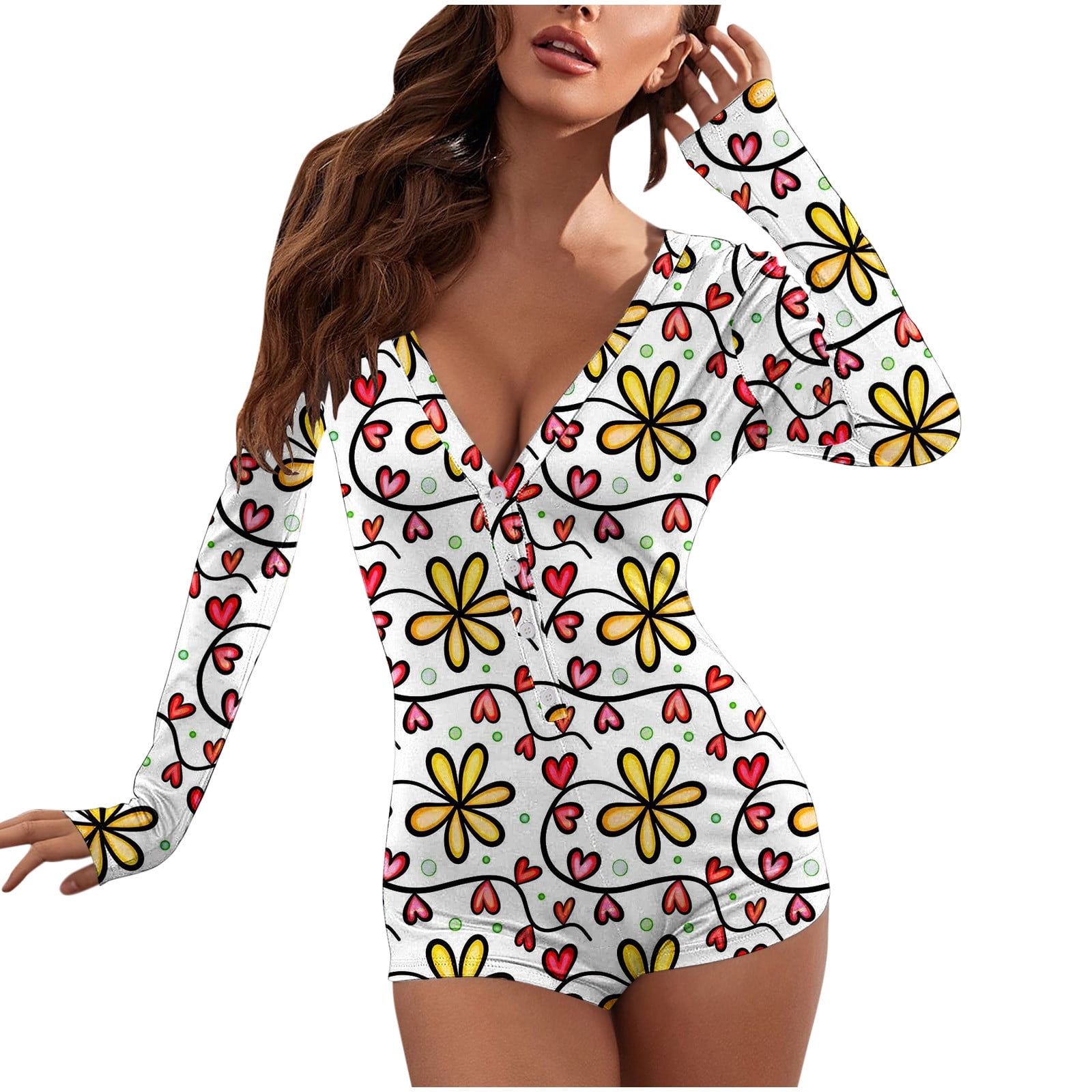 VALMASS Bodysuits for Women Shorts Plus Size Deep V Neck Printed Sexy  Rompers Tight Curvy Pajama Onesie (XL, F Multicolor)