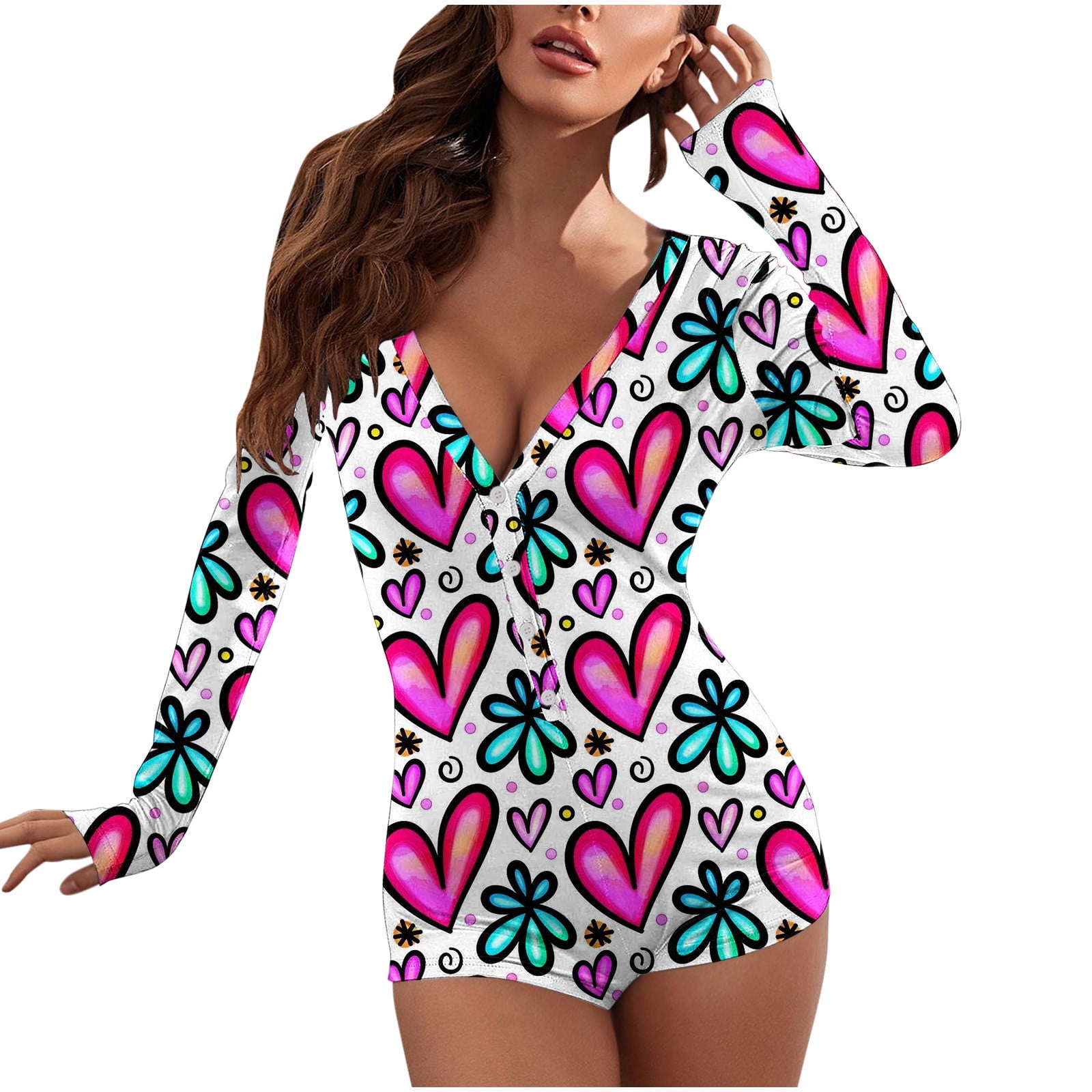 VALMASS Bodysuits for Women Shorts Plus Size Deep V Neck Printed Sexy  Rompers Tight Curvy Pajama Onesie (S, G Pink) 