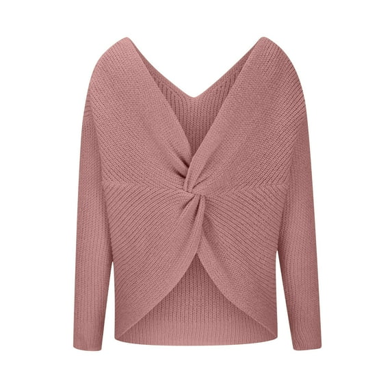 VALMASS Cable Knit Sweater for Women Pullover Long Sleeve Deep V Neck Winter Tops Casual Loose Outdoor Sweaters (XL, Pink)