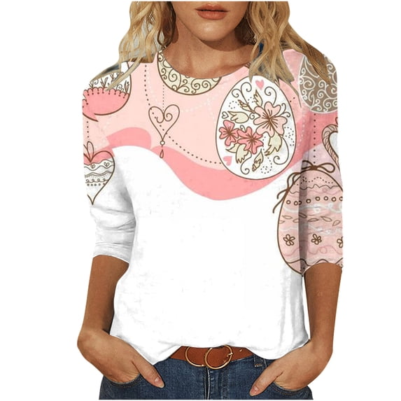 Savings VALMASS Easter 3/4 Sleeve Shirts Women Casual Cute Printed Round Neck Tops Loose Pullover Cozy Tees (L, Pink)
