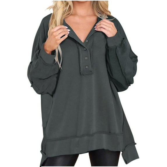 VALMASS Half Button Oversized Sweatshirts for Women Loose Fit Patchwork Tops Fall Solid Color Drop Shoulder Blouses (S, Dark Gray)