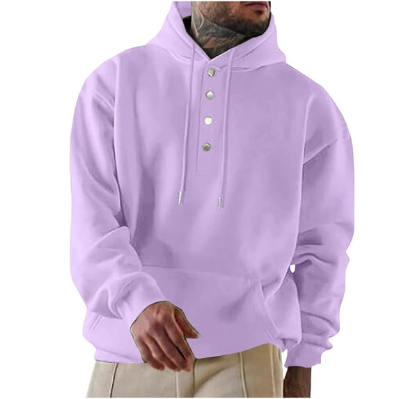 VALMASS Half Button Sweatshirts for Men Solid Color Long Sleeve Casual Hoodies Plus Size Going Out Leisure Hiking Hooded Tops (L, Purple)