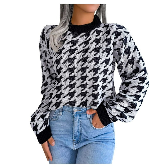 VALMASS Long Sleeve Crew Neck Color Block Winter Casual Knit Sweater Women (L, Black)