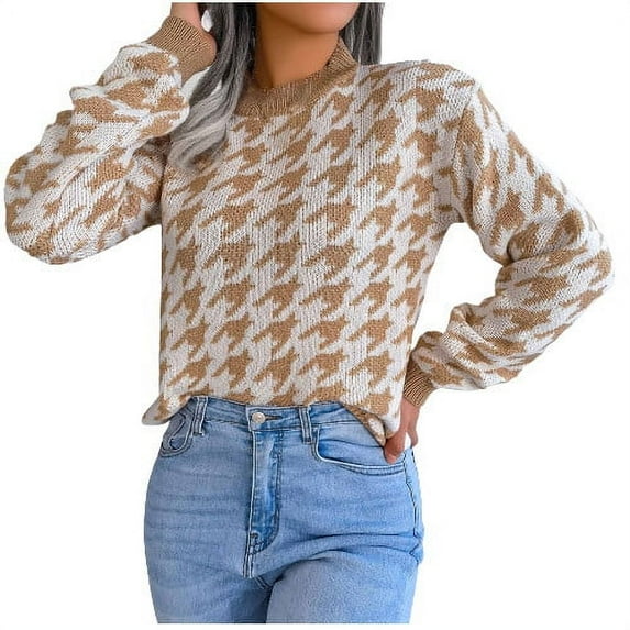 VALMASS Long Sleeve Crew Neck Color Block Winter Casual Knit Sweater Women (M, Khaki)