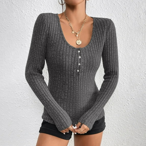 VALMASS Long Sleeve Ribbed Knit Shirts for Women Scoop Neck Slim Fit Henley Tops Casual Solid Undershirts (XS, Dark Gray)