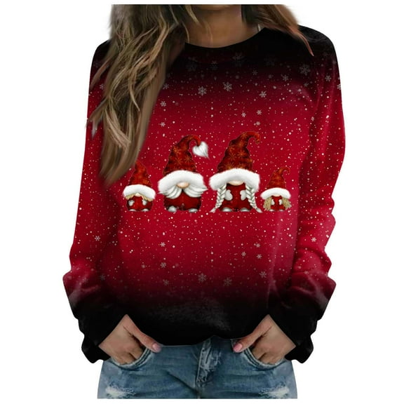 VALMASS Long Sleeve Sweatshirt for Women Plus Size Crewneck Xmas Gnome Print Tops Christmas Casual Cozy Blouses (L, Red-J)