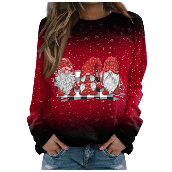 VALMASS Long Sleeve Sweatshirt for Women Plus Size Crewneck Xmas Gnome Print Tops Christmas Casual Cozy Blouses (XL, Red-M)
