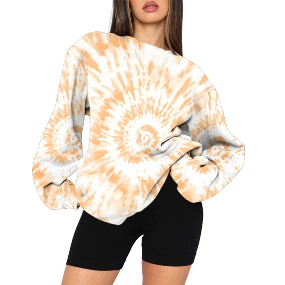 VALMASS Oversized Sweatshirts for Women Loose Fit Tie Dye Long Sleeve Crewneck Tops Ladies Fall Winter Going Out Blouses (M, A Yellow)
