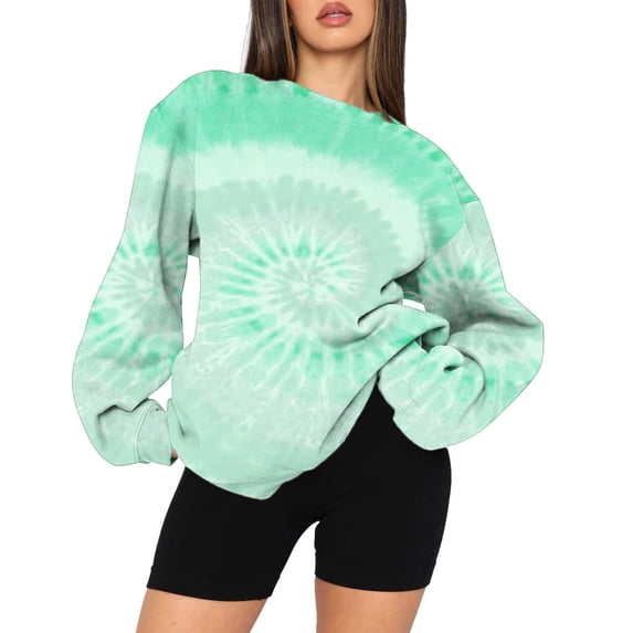 VALMASS Oversized Sweatshirts for Women Loose Fit Tie Dye Long Sleeve Crewneck Tops Ladies Fall Winter Going Out Blouses (S, B Green)