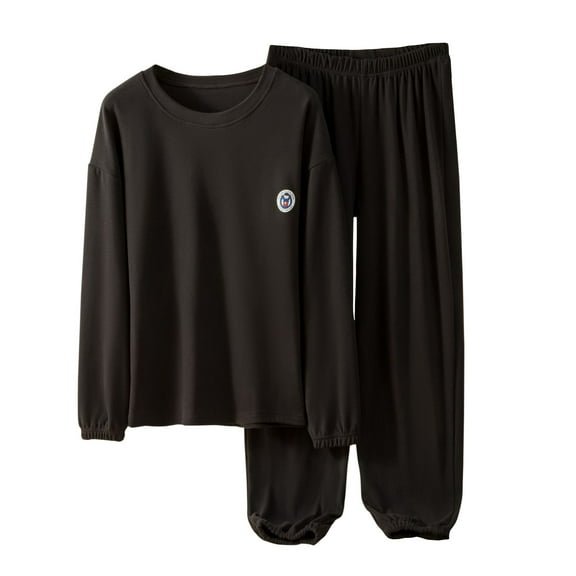 VALMASS Pajamas for Women Set Long Sleeve Solid Color Leisure Tops Elastic Waist Loose Straight Leg Pants (XL, Black)