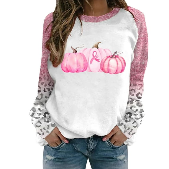 VALMASS Plus Size Sweatshirt for Women Breast Cancer Awareness Raglan Sleeve Tops Casual Lightweight Crewneck Blouses (S, B Pink)