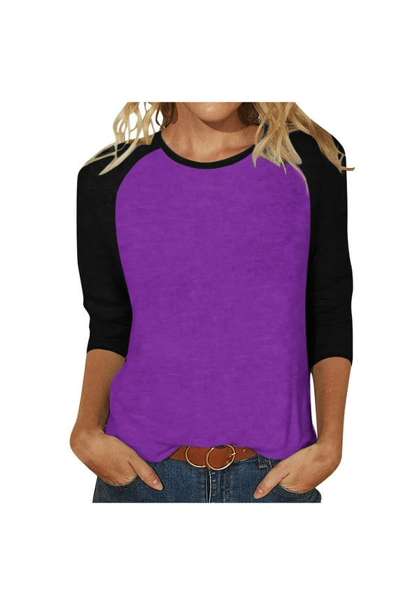 Raglan 3/4 Sleeve Shirts for Women Solid Crewneck Tunic Tee Casual Tops T-Shirts (L, Dark Purple)