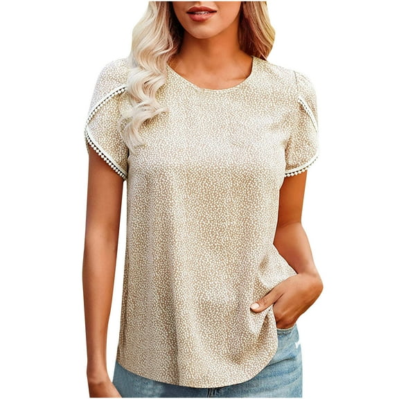 VALMASS Short Sleeve Shirts for Women Fashion Round Neck Printed Loose Pullover Tops Lightweight Casual Tee (M, Khaki)