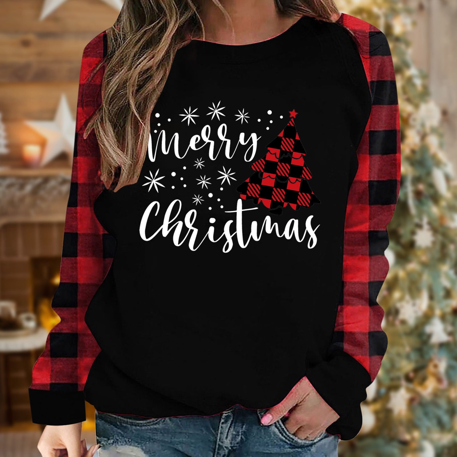 Plaid sleeve sweatshirt sale