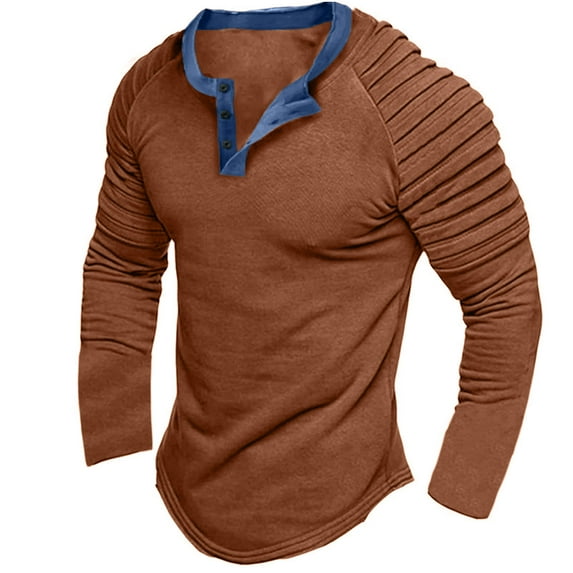 VALMASS Sweatshirt Long Sleeve Button V Neck Slim Fit Stand Collar Winter Solid Color Pullover Man (M, Brown)