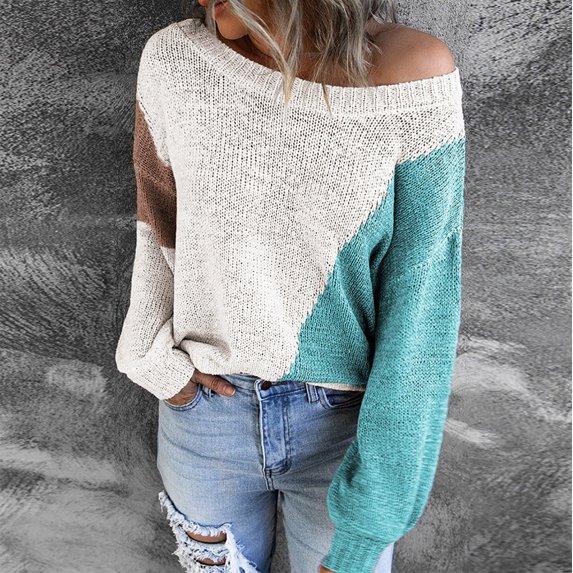 VALMASS Trendy Long Sleeve Valentine's Day Round Neck Loose Knit Sweater Women (L, Blue)