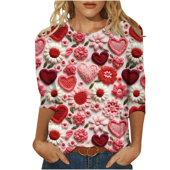 VALMASS Valentine's Day 3/4 Sleeve Round Neck Shirts Women Casual Cute Heart Print Tee Plus Size Pullover Tops (5XL, A Pink)