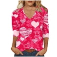 thumbnail image 1 of VALMASS Valentine's Day 3/4 Sleeve V Neck Shirts Women Casual Cute Heart Print Tee Plus Size Pullover Tops (5XL, Hot Pink-A), 1 of 5