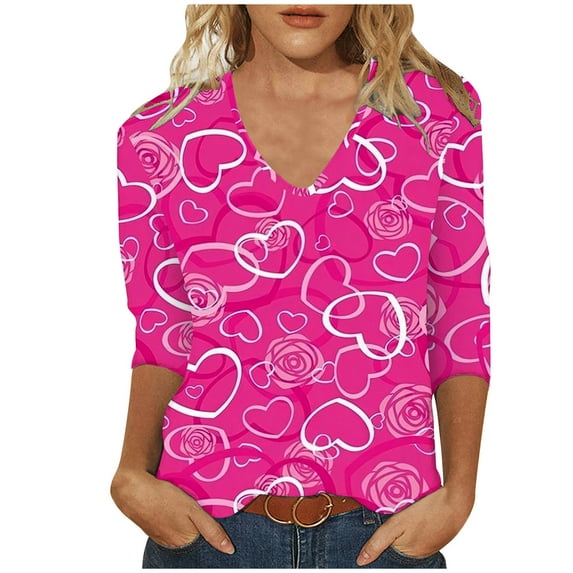 VALMASS Valentine's Day 3/4 Sleeve V Neck Shirts Women Casual Cute Heart Print Tee Plus Size Pullover Tops (M, Hot Pink-B)