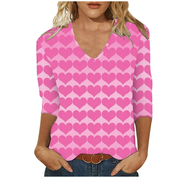VALMASS Valentine's Day 3/4 Sleeve V Neck Shirts Women Casual Cute Heart Print Tee Plus Size Pullover Tops (XL, Pink-A)