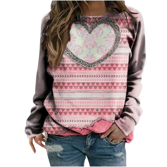 VALMASS Valentine's Day Sweatshirt Women Plus Size Pullover Heart Graphic Shirts Casual Long Sleeve Tops (M, Pink-C)